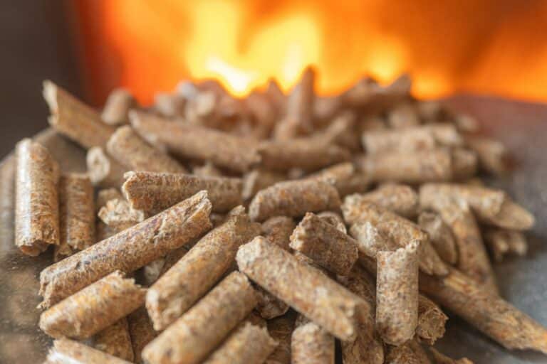 wood sawdust pellets for wood stoves, ecological biofuel with fire in background. Selective focus